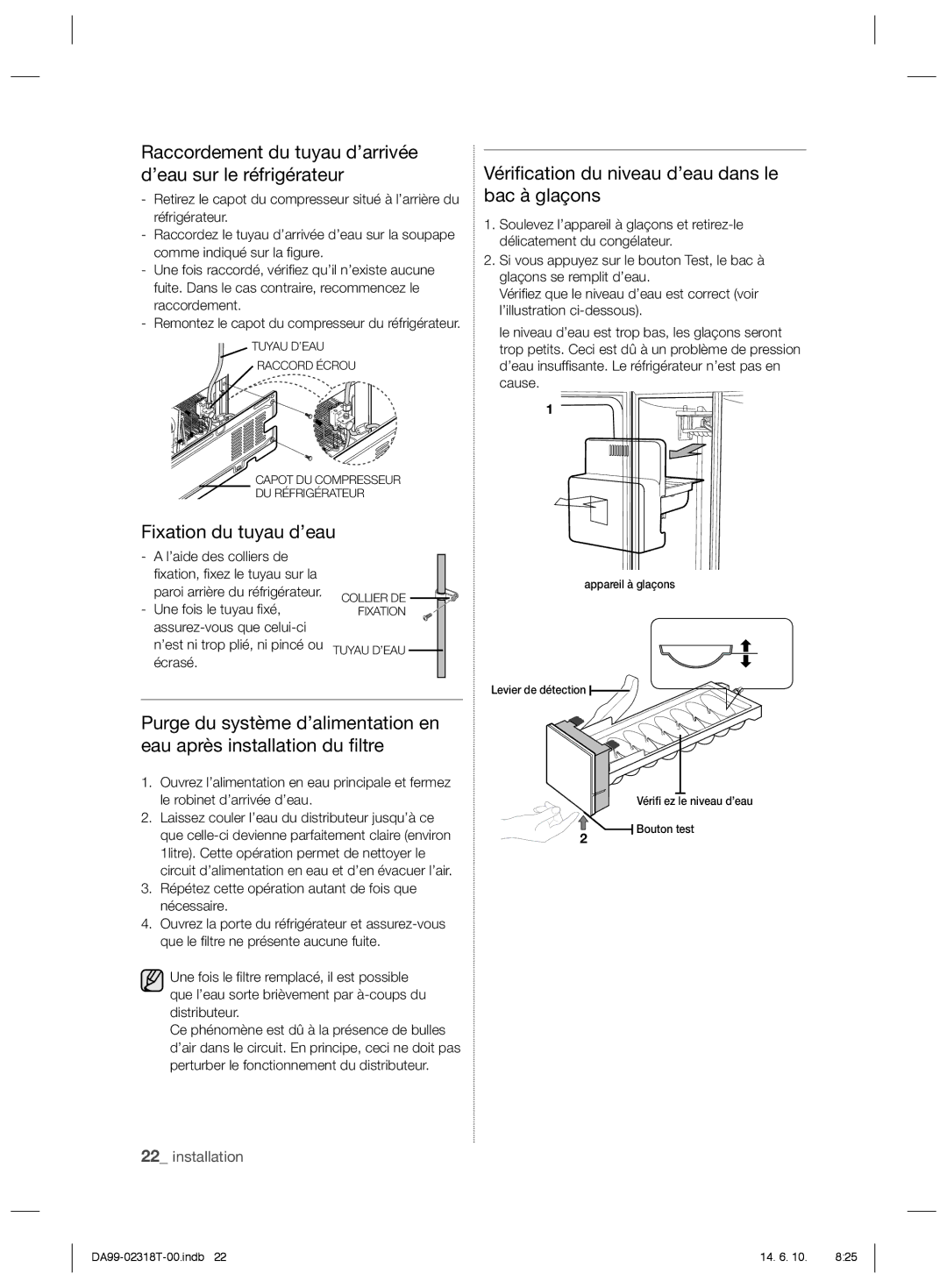 Samsung RS21HPLMR1/ZA manual Raccordement du tuyau d’arrivée d’eau sur le réfrigérateur 