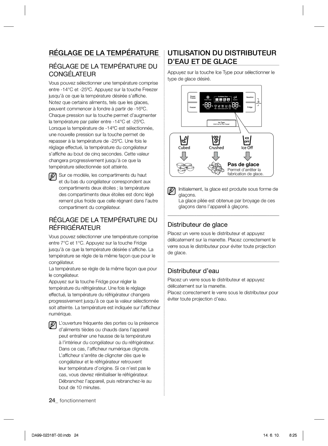 Samsung RS21HPLMR1/ZA Réglage DE LA Température, Utilisation DU Distributeur D’EAU ET DE Glace, Distributeur de glace 