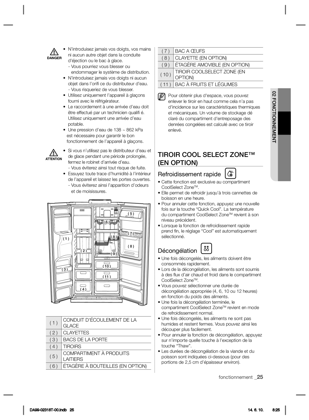 Samsung RS21HPLMR1/ZA manual Tiroir Cool Select Zone EN Option, Refroidissement rapide, Décongélation 