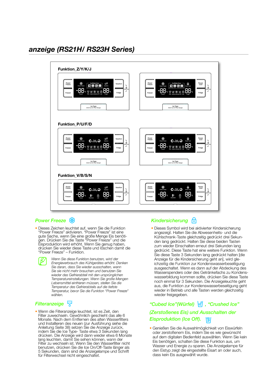 Samsung RS21HNLBG1/BWT, RS21HYXNA1/XEF, RS21HFLMR1/XTR manual Anzeige RS21H/ RS23H Series, Power Freeze Kindersicherung 