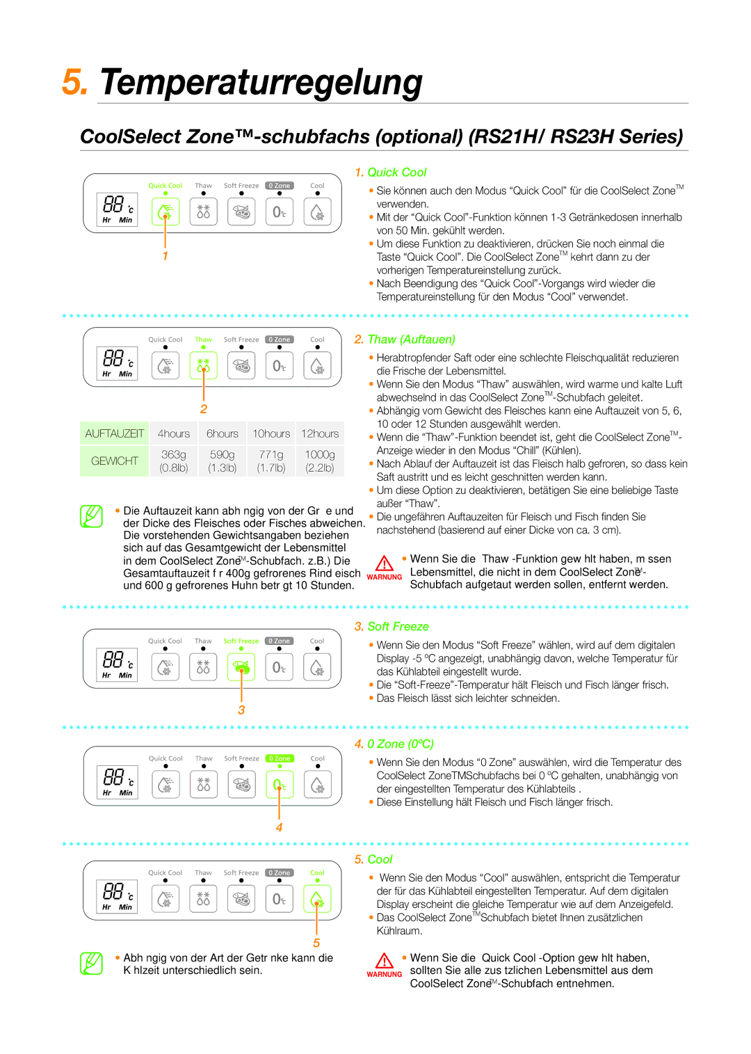 Samsung RS21HYXNA1/XEF, RS21HNLBG1/BWT manual Temperaturregelung, CoolSelect Zone-schubfachs optional RS21H/ RS23H Series 