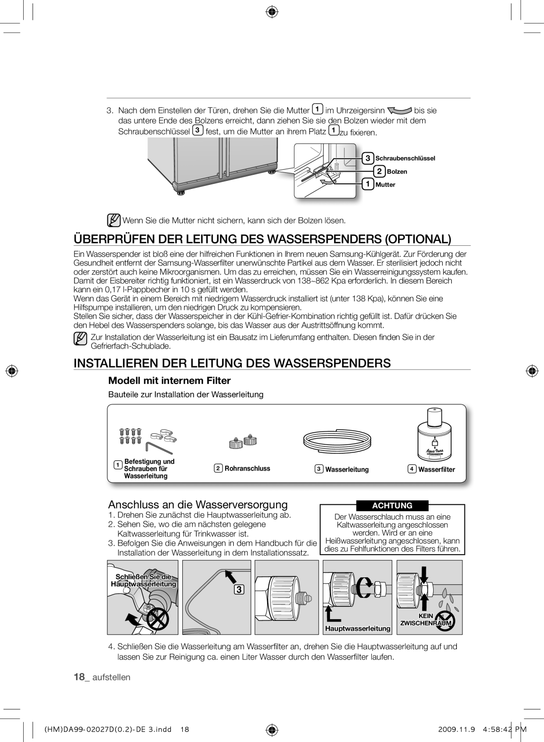 Samsung RS21HYXNA1/XEF Überprüfen DER Leitung DES Wasserspenders Optional, Installieren DER Leitung DES Wasserspenders 