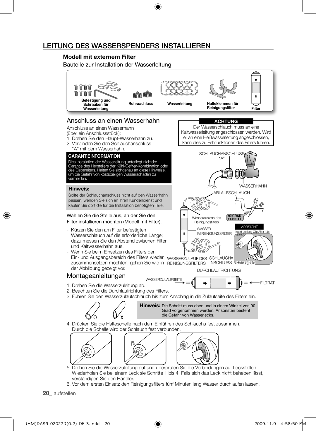 Samsung RS21HYXNA1/XEF manual Leitung DES Wasserspenders Installieren, Anschluss an einen Wasserhahn, Montageanleitungen 