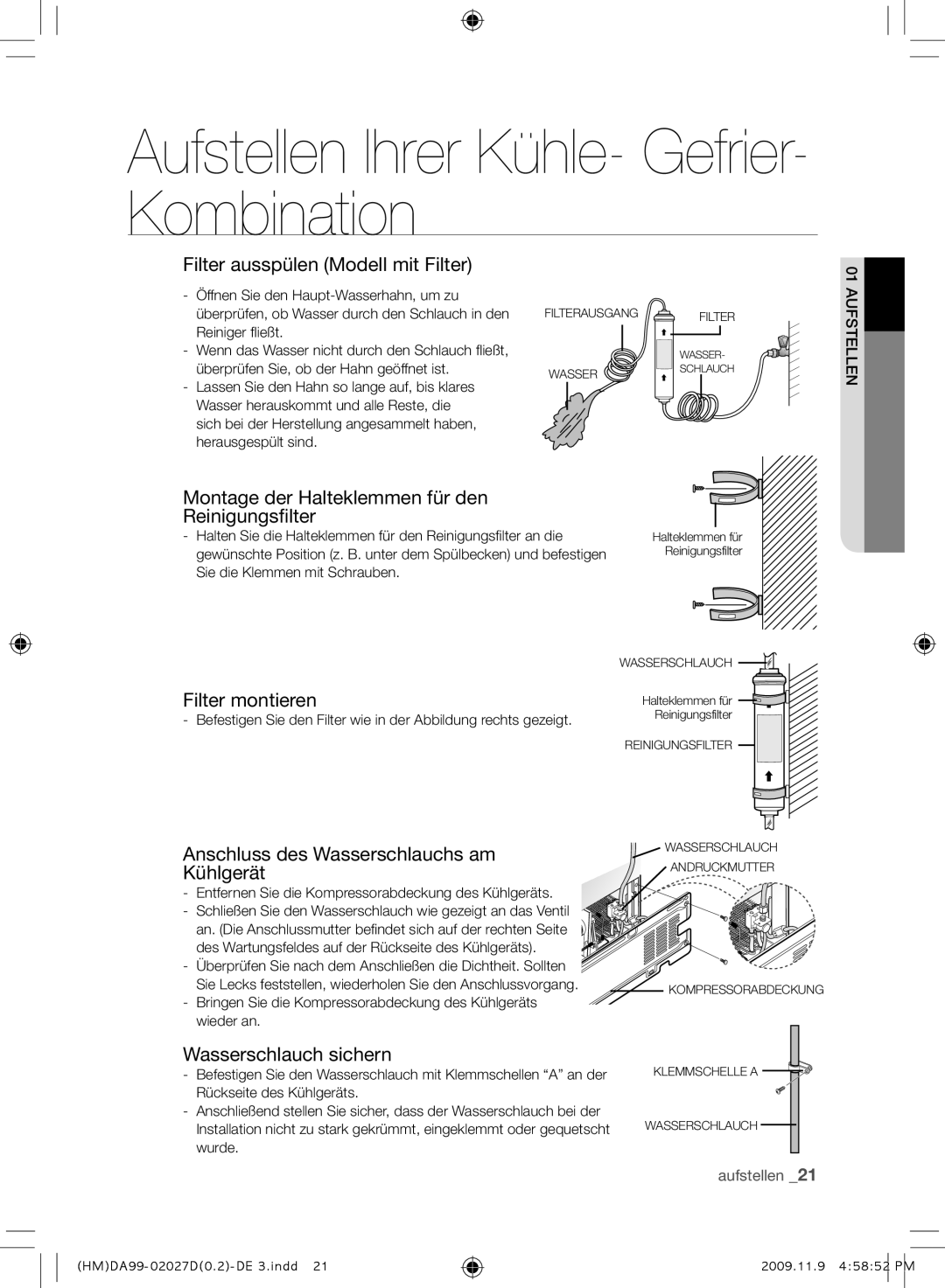 Samsung RS21HYXNA1/XEF manual Filter ausspülen Modell mit Filter, Montage der Halteklemmen für den Reinigungsfilter 