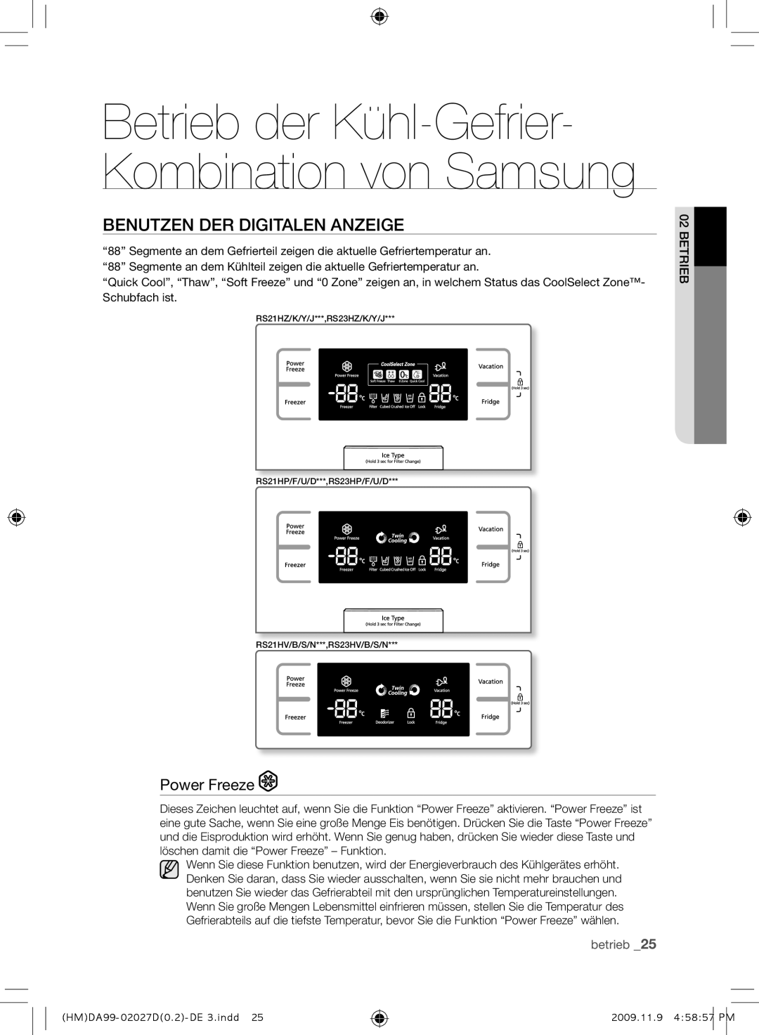 Samsung RS21HYXNA1/XEF manual Benutzen DER Digitalen Anzeige, Power Freeze 