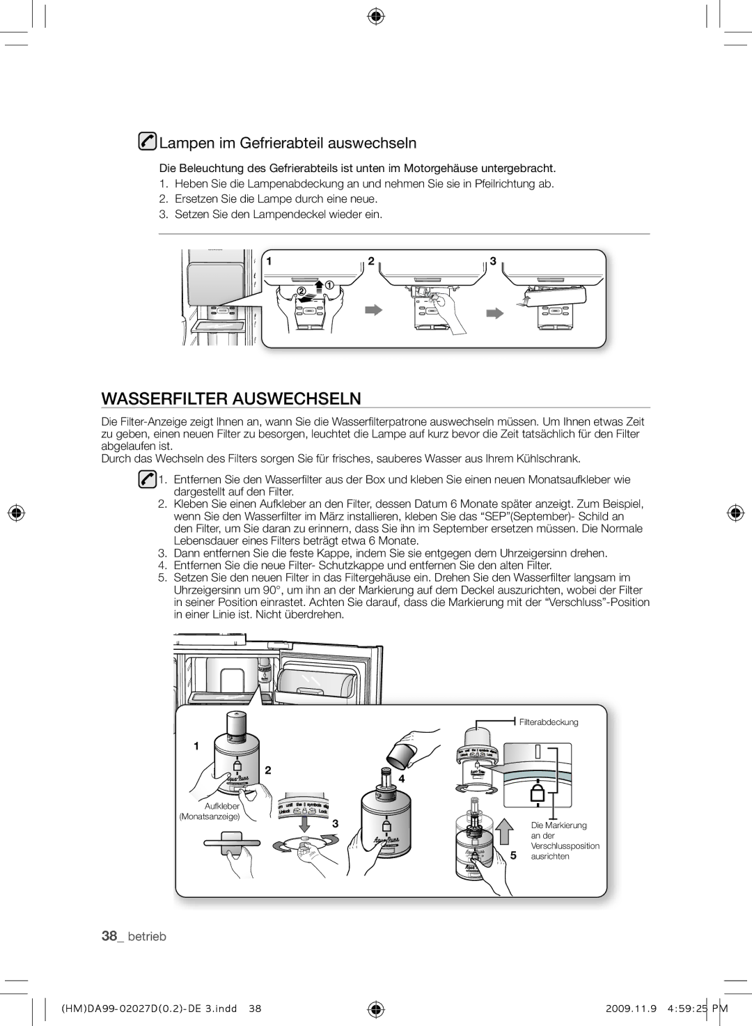 Samsung RS21HYXNA1/XEF manual Wasserfilter Auswechseln, Lampen im Gefrierabteil auswechseln 