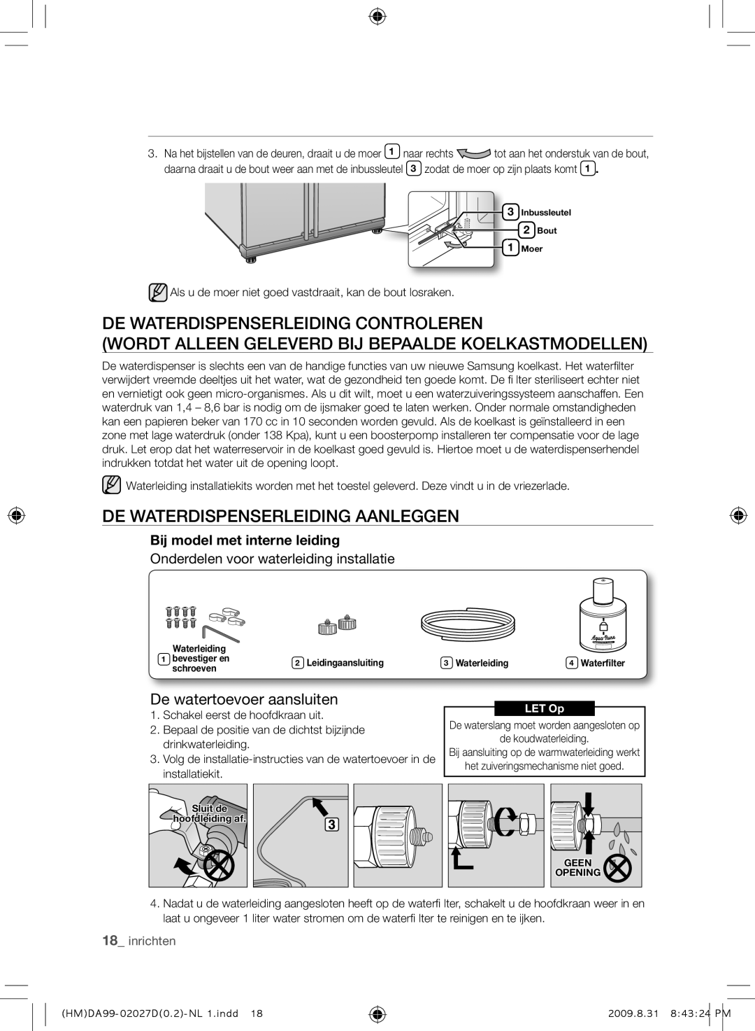 Samsung RS21HYXNA1/XEF manual DE Waterdispenserleiding Aanleggen, De watertoevoer aansluiten 