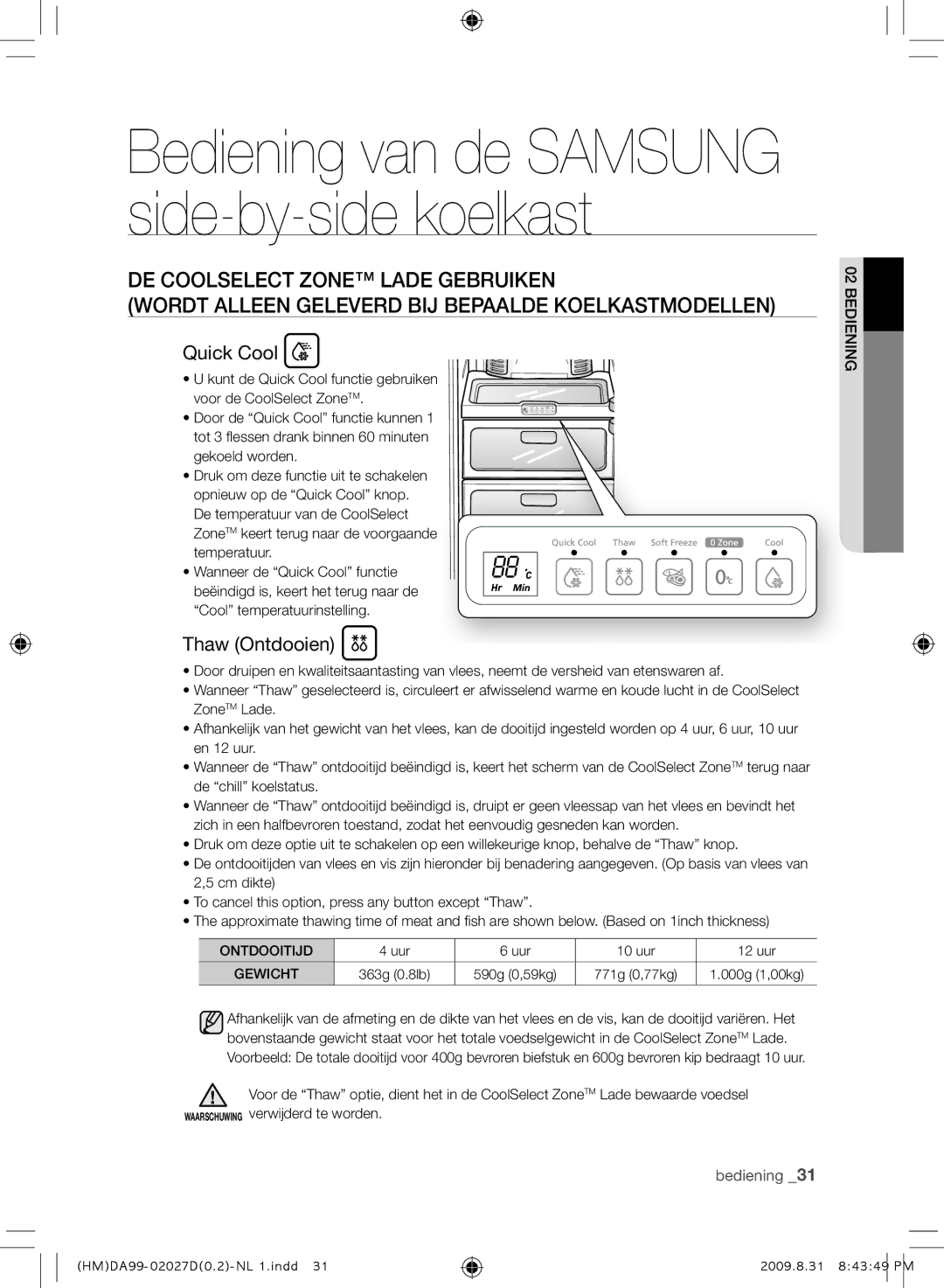 Samsung RS21HYXNA1/XEF manual Quick Cool, Thaw Ontdooien, Uur 10 uur 12 uur 