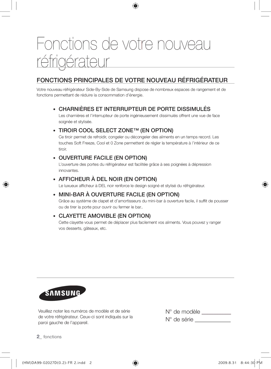 Samsung RS21HYXNA1/XEF Fonctions de votre nouveau réfrigérateur, Fonctions Principales DE Votre Nouveau Réfrigérateur 