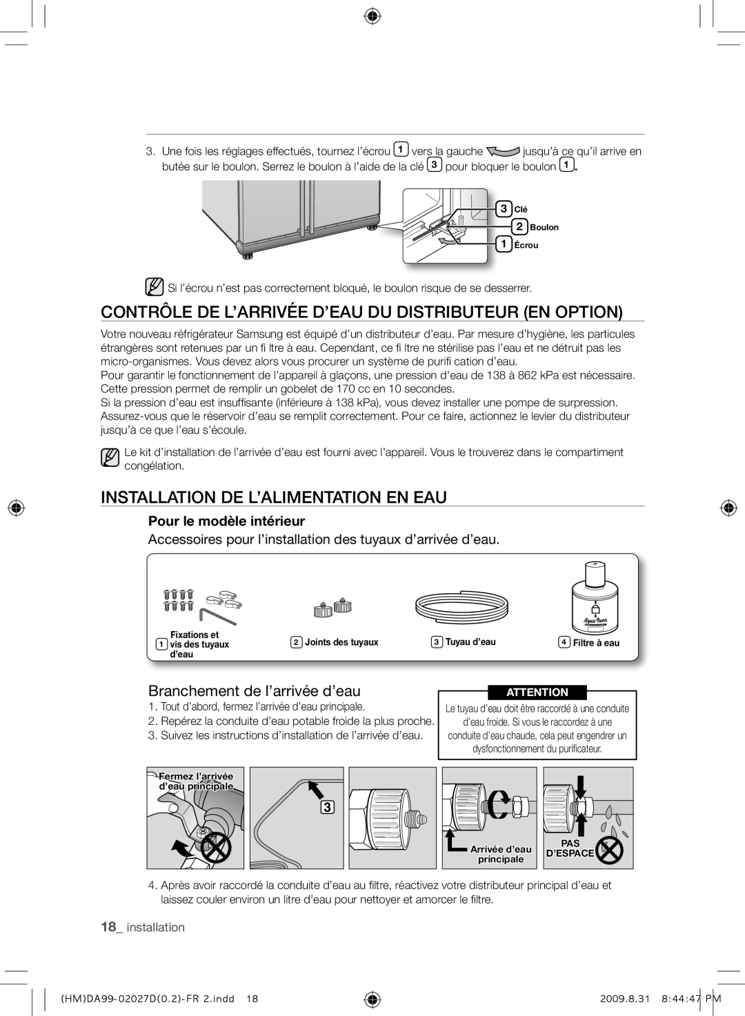 Samsung RS21HYXNA1/XEF manual Contrôle DE L’ARRIVÉE D’EAU DU Distributeur EN Option, Installation DE L’ALIMENTATION EN EAU 