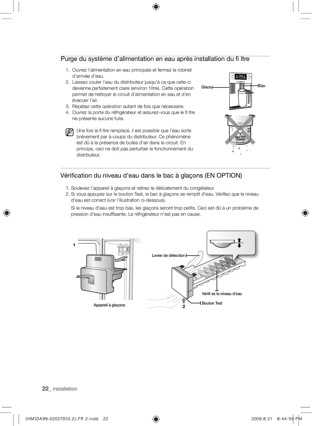 Samsung RS21HYXNA1/XEF manual Vérification du niveau d’eau dans le bac à glaçons EN Option 