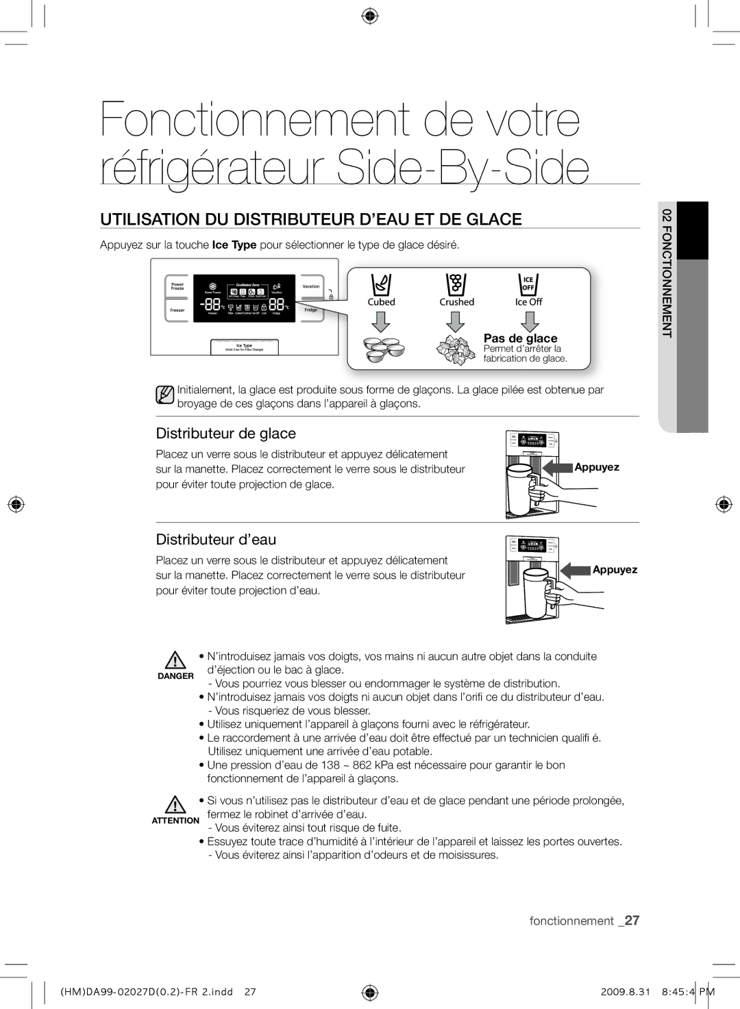 Samsung RS21HYXNA1/XEF manual Utilisation DU Distributeur D’EAU ET DE Glace, Distributeur de glace, Distributeur d’eau 