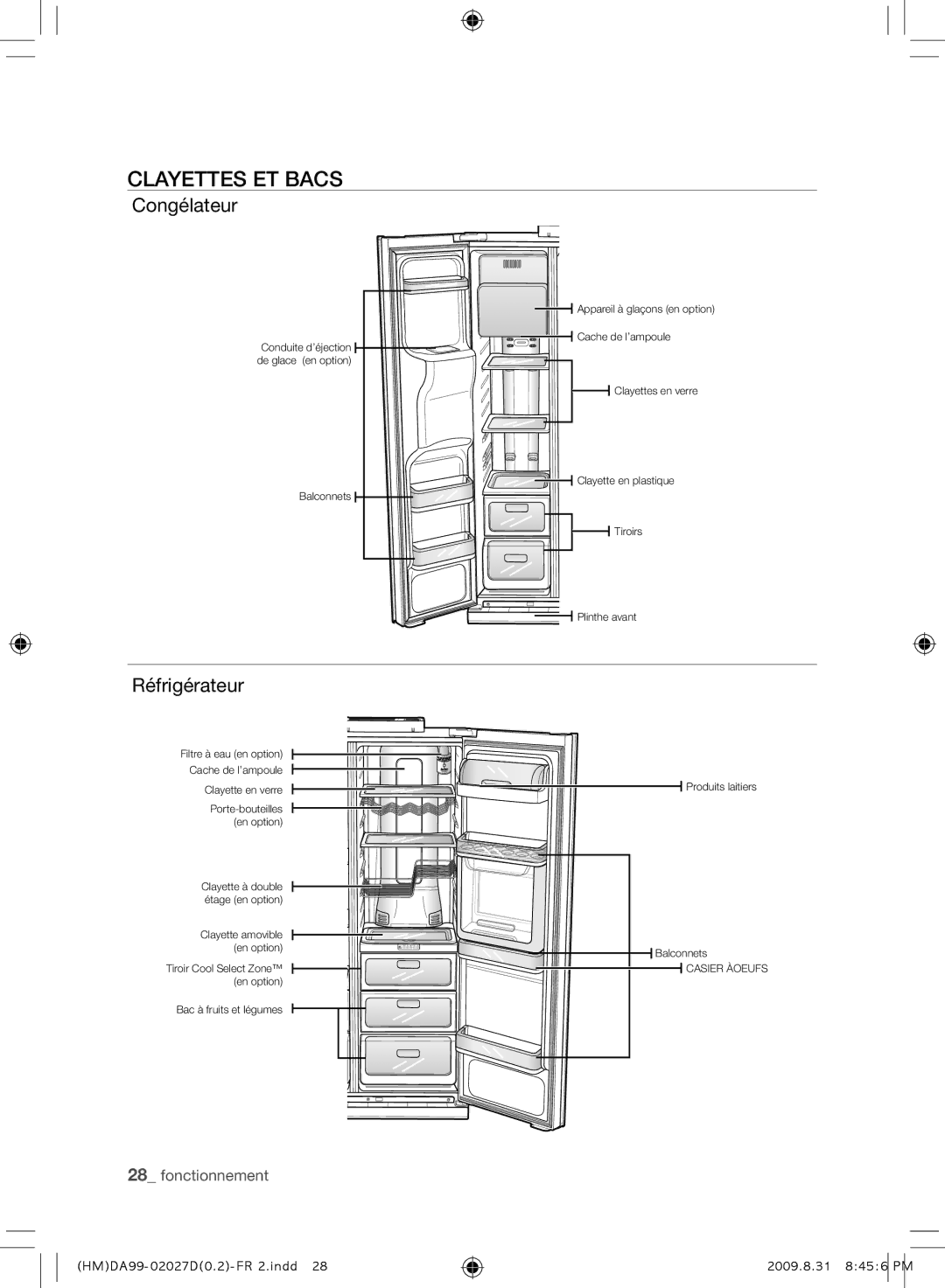 Samsung RS21HYXNA1/XEF manual Clayettes ET Bacs, Congélateur, Réfrigérateur 