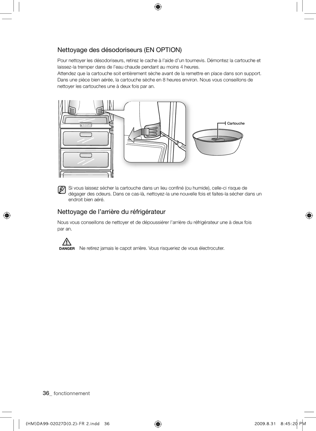 Samsung RS21HYXNA1/XEF manual Nettoyage des désodoriseurs EN Option, Nettoyage de l’arrière du réfrigérateur 