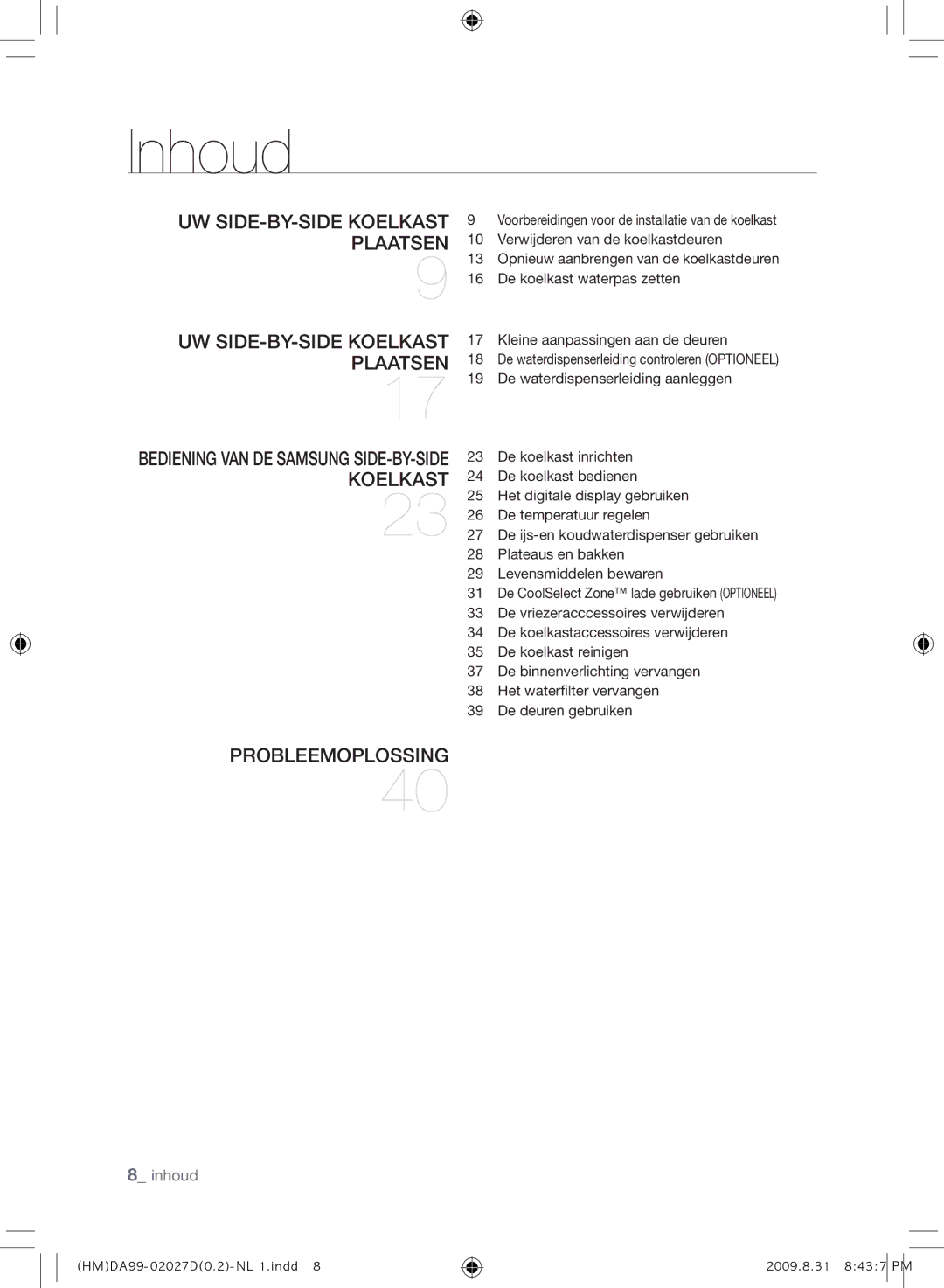 Samsung RS21HYXNA1/XEF manual Inhoud, Uw side-by-side koelkast plaatsen, PROBLEEMOpLOSSING 