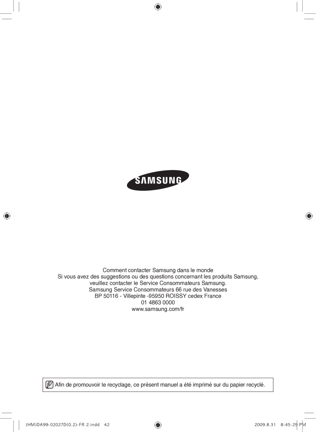 Samsung RS21HYXNA1/XEF manual HMDA99-02027D0.2-FR 2.indd 2009.8.31 84529 PM 