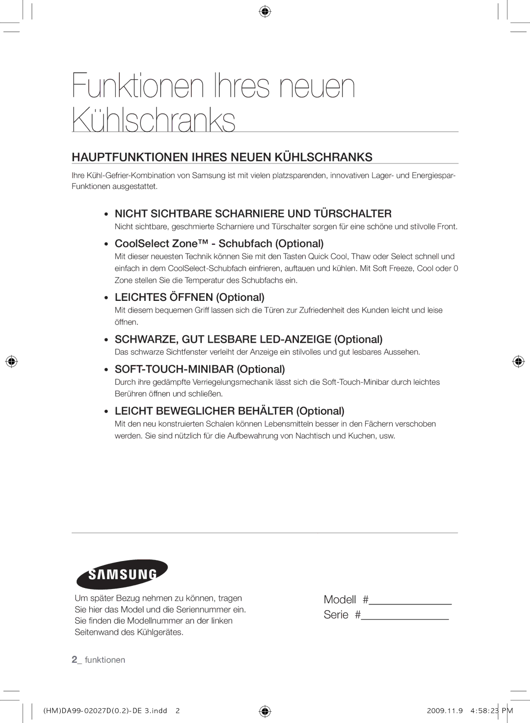 Samsung RS21HYXNA1/XEF manual Funktionen Ihres neuen Kühlschranks, Hauptfunktionen Ihres Neuen Kühlschranks 