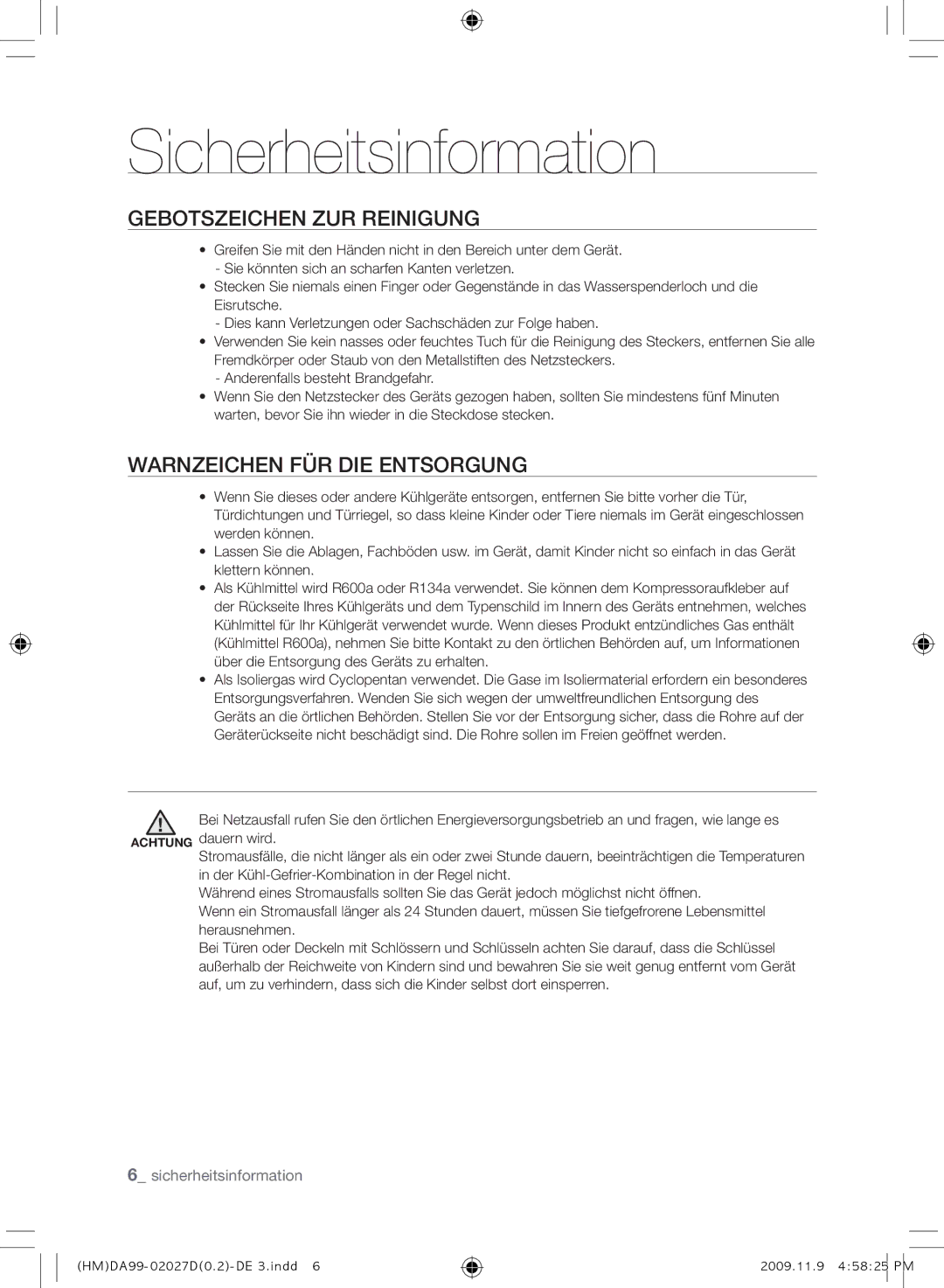 Samsung RS21HYXNA1/XEF manual Gebotszeichen ZUR Reinigung, Warnzeichen FÜR DIE Entsorgung 