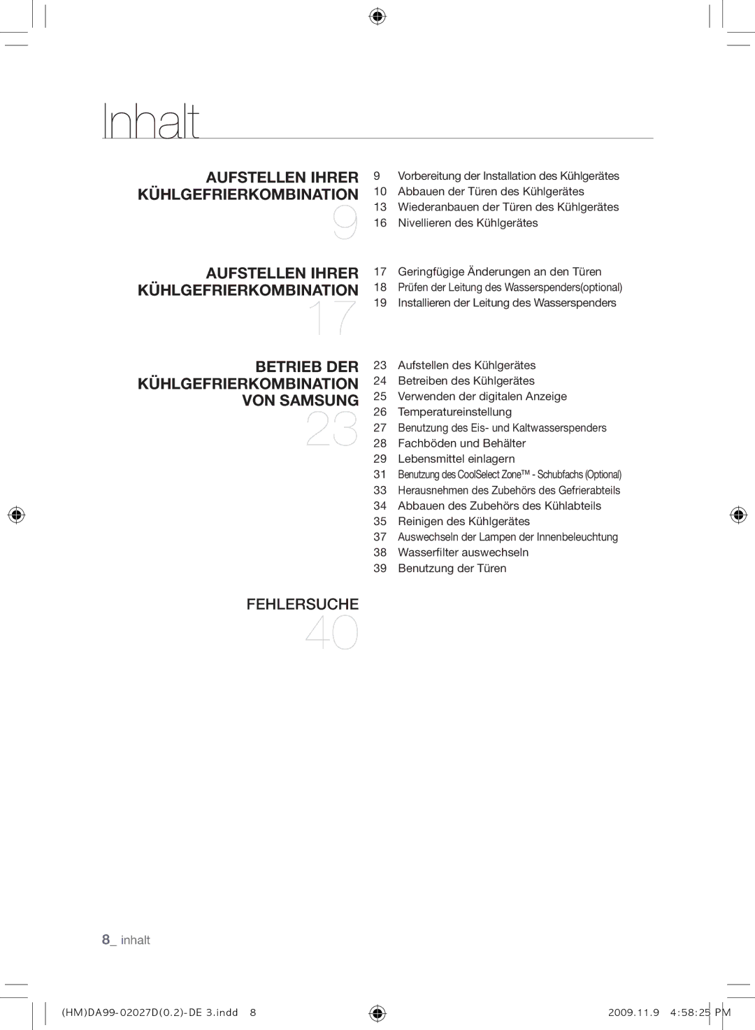 Samsung RS21HYXNA1/XEF manual Inhalt, Aufstellen Ihrer Kühlgefrierkombination 