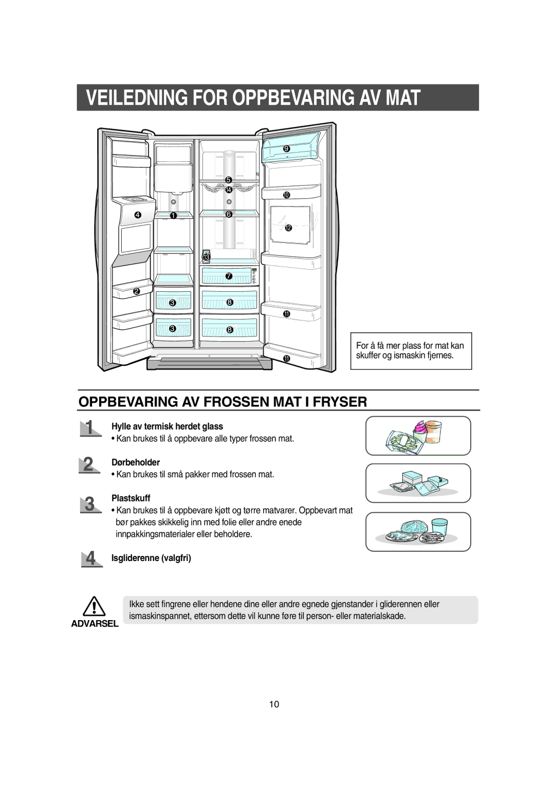 Samsung RS21DNSM1/XEE manual Veiledning for Oppbevaring AV MAT, Hylle av termisk herdet glass, Dørbeholder, Plastskuff 