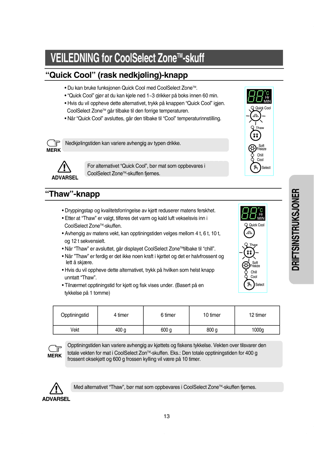 Samsung RS21KCSV1/XEE, RS21KLBG1/XEE, RS21FASV1/XEE, RS21NASV1/XEE manual Quick Cool rask nedkjøling-knapp, Thaw-knapp, 600 g 