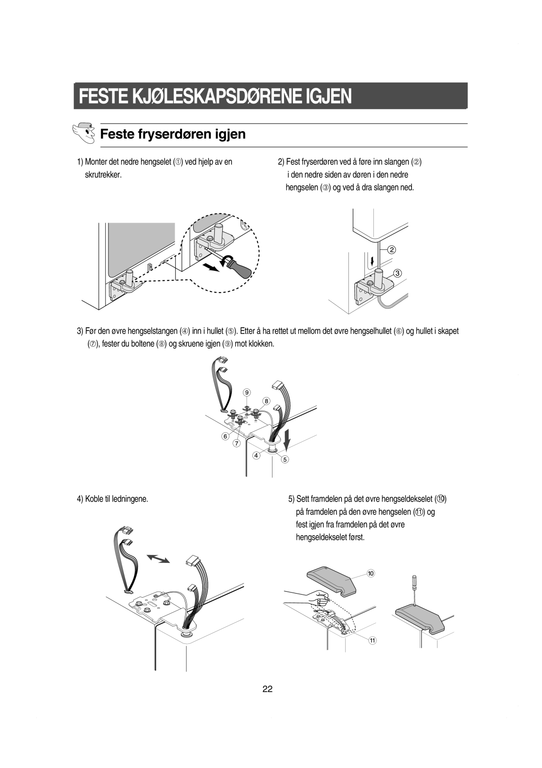 Samsung RS21DGUS1/XEE manual Feste Kjøleskapsdørene Igjen, Feste fryserdøren igjen, Fest igjen fra framdelen på det øvre 