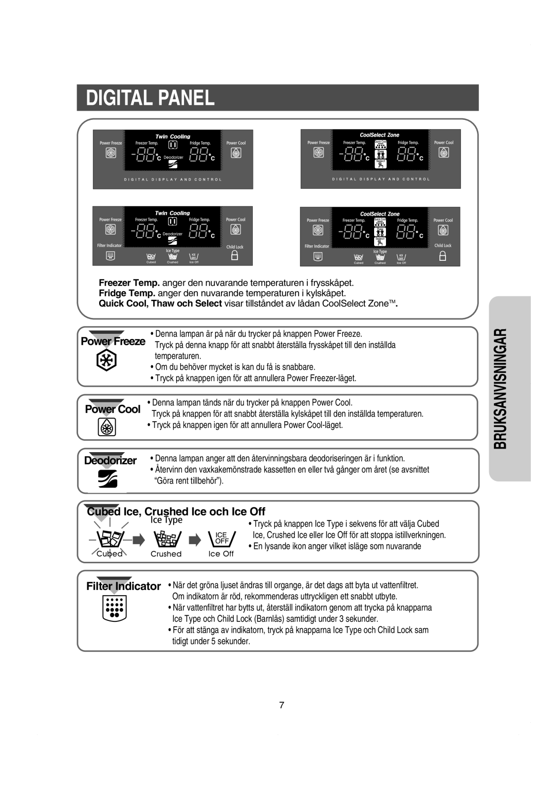 Samsung RS21DASM1/XEE, RS21KCSV1/XEE manual Digital Panel, Power Freeze, En lysande ikon anger vilket isläge som nuvarande 