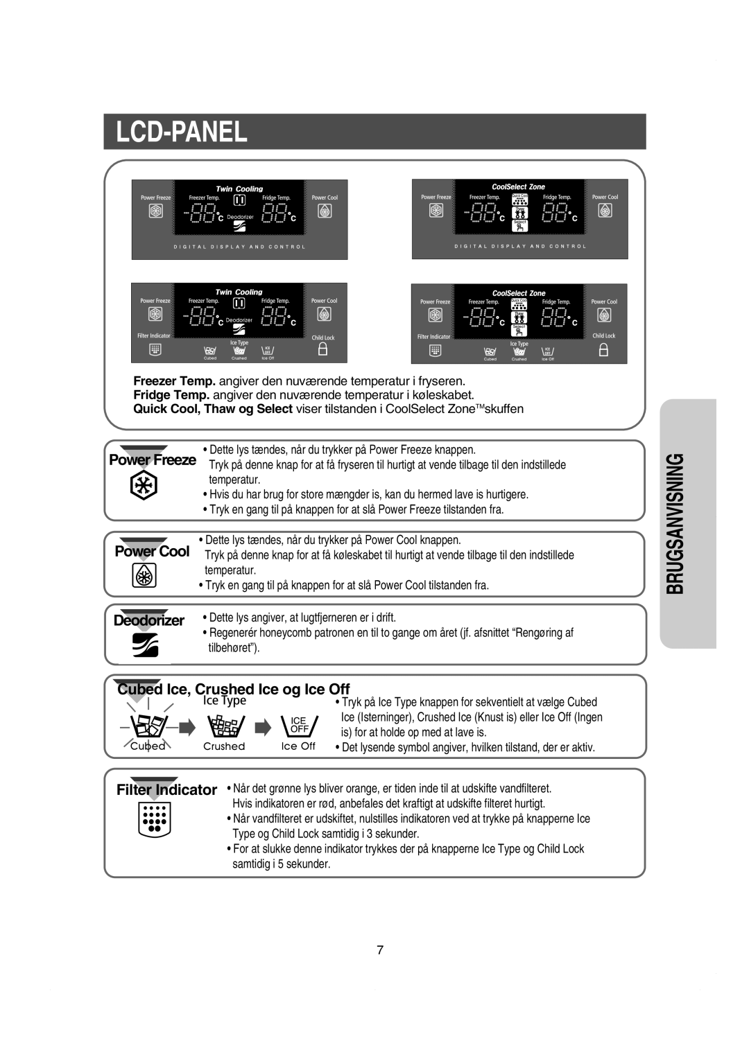 Samsung RS21DASM1/XEE, RS21KCSV1/XEE Lcd-Panel, Power Freeze, Det lysende symbol angiver, hvilken tilstand, der er aktiv 