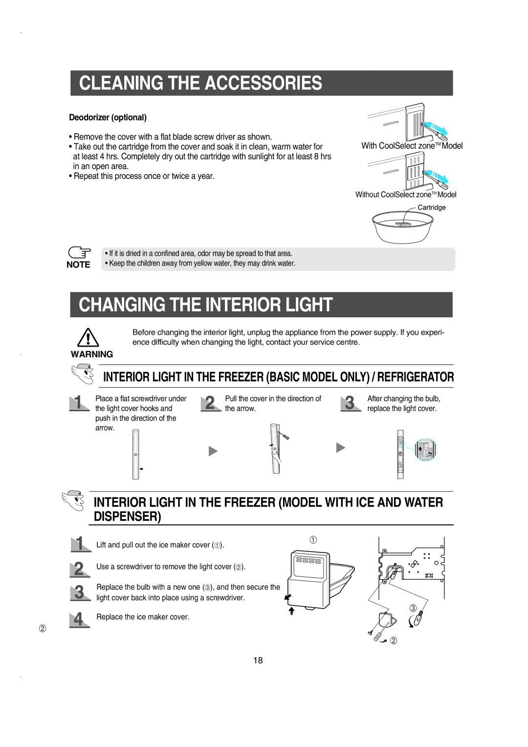 Samsung RS21FCSW1/LIB, RS21KLSR1/XEE, RS21FCSM1/XEG, RS21DCSW1/XEH manual Changing the Interior Light, Deodorizer optional 