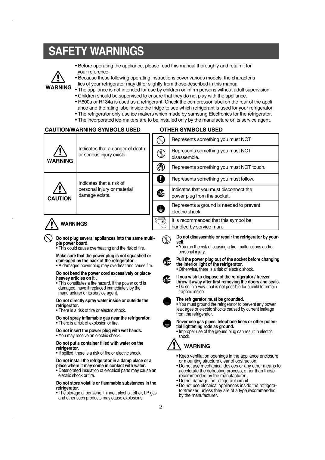 Samsung RS21DCSW1/XEH, RS21KLSR1/XEE, RS21FCSM1/XEG, RS21FCSM1/BUL, RS21DCSW1/BUL manual Safety Warnings, Other Symbols Used 