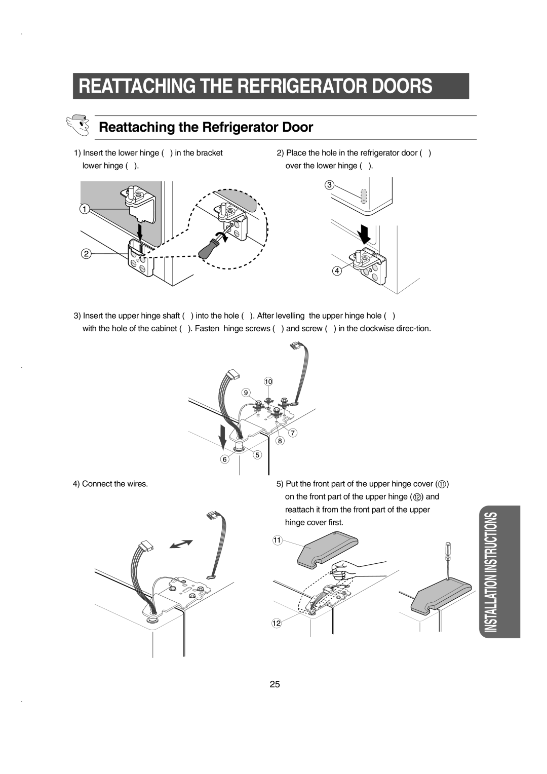 Samsung RS21KLSR1/XEE, RS21FCSM1/XEG, RS21DCSW1/XEH, RS21FCSM1/BUL, RS21DCSW1/BUL manual Reattaching the Refrigerator Door 