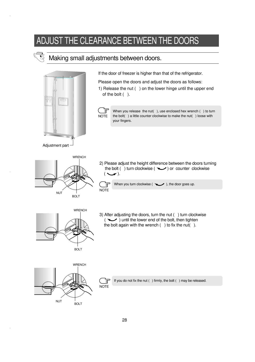 Samsung RS21FCSM1/BUL, RS21KLSR1/XEE manual Adjust the Clearance Between the Doors, Making small adjustments between doors 