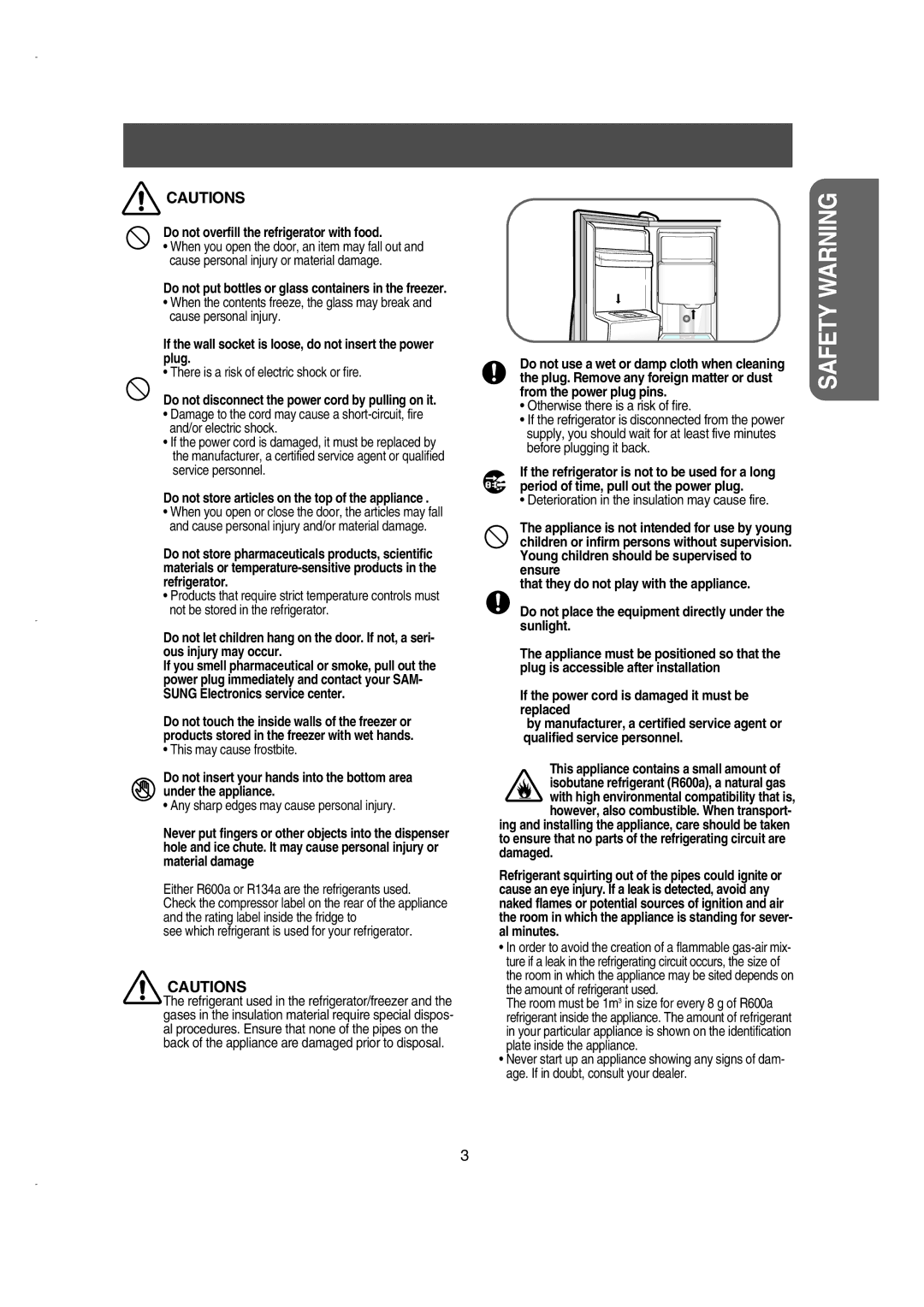 Samsung RS21FCSM1/BUL, RS21KLSR1/XEE, RS21FCSM1/XEG, RS21DCSW1/XEH, RS21DCSW1/BUL, RS21FCSW1/BUL, RS21DCSM1/BUL Safety Warning 