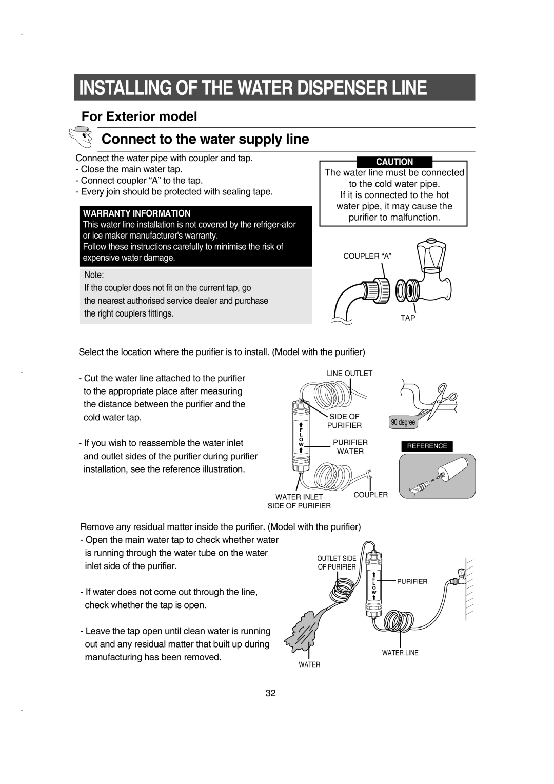 Samsung RS23FKSM1/BUL, RS21KLSR1/XEE, RS21FCSM1/XEG, RS21DCSW1/XEH Connect to the water supply line, Warranty Information 