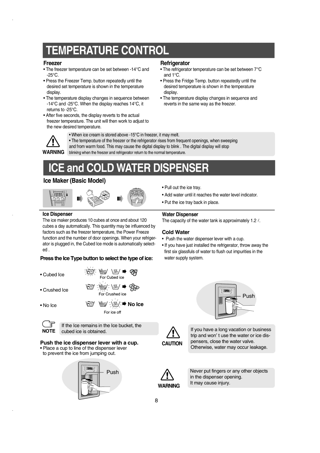 Samsung RS21KLSR1/BUL, RS21KLSR1/XEE, RS21FCSM1/XEG manual Temperature Control, Ice Dispenser, Water Dispenser, Cold Water 