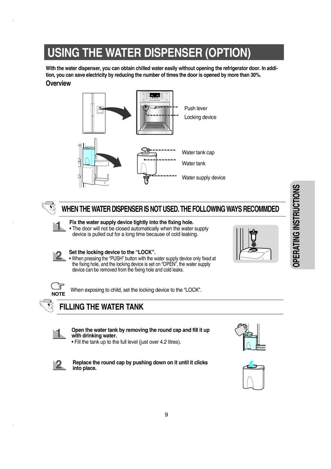 Samsung RS21KLSG1/BUL manual Using the Water Dispenser Option, Fix the water supply device tightly into the fixing hole 