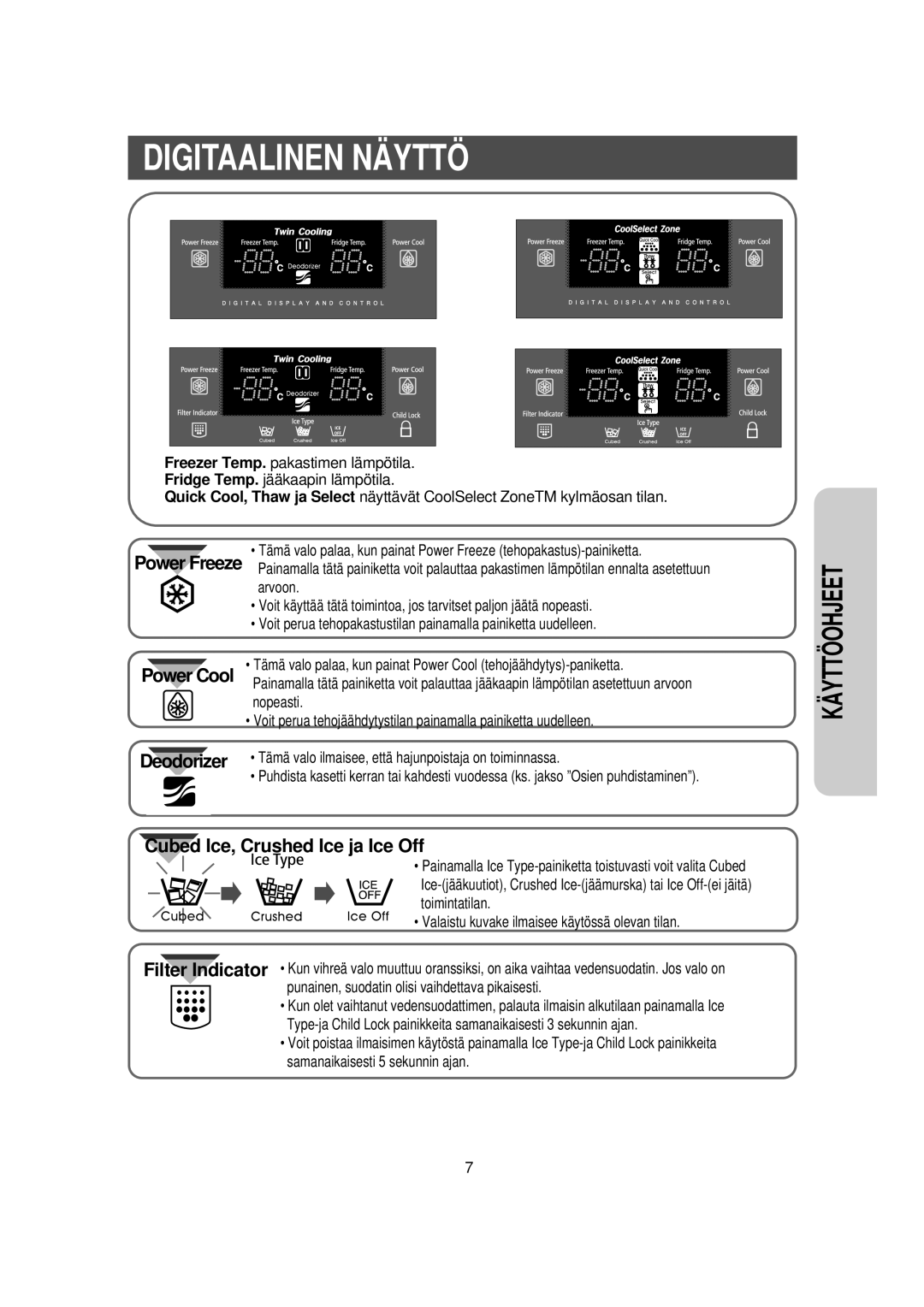 Samsung RS21DDMS1/XEE, RS21KLSR1/XEE, RS21KCSV1/XEE, RS21KLBG1/XEE, RS21KDMS1/XEE manual Digitaalinen NÄ Yttö, Power Freeze 