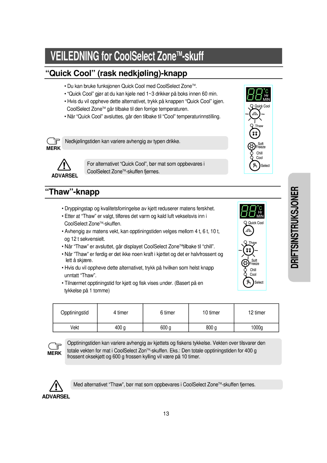 Samsung RS21DDSV1/XEE, RS21KLSR1/XEE, RS21KCSV1/XEE, RS21KLBG1/XEE manual Quick Cool rask nedkjøling-knapp, Thaw-knapp, 600 g 