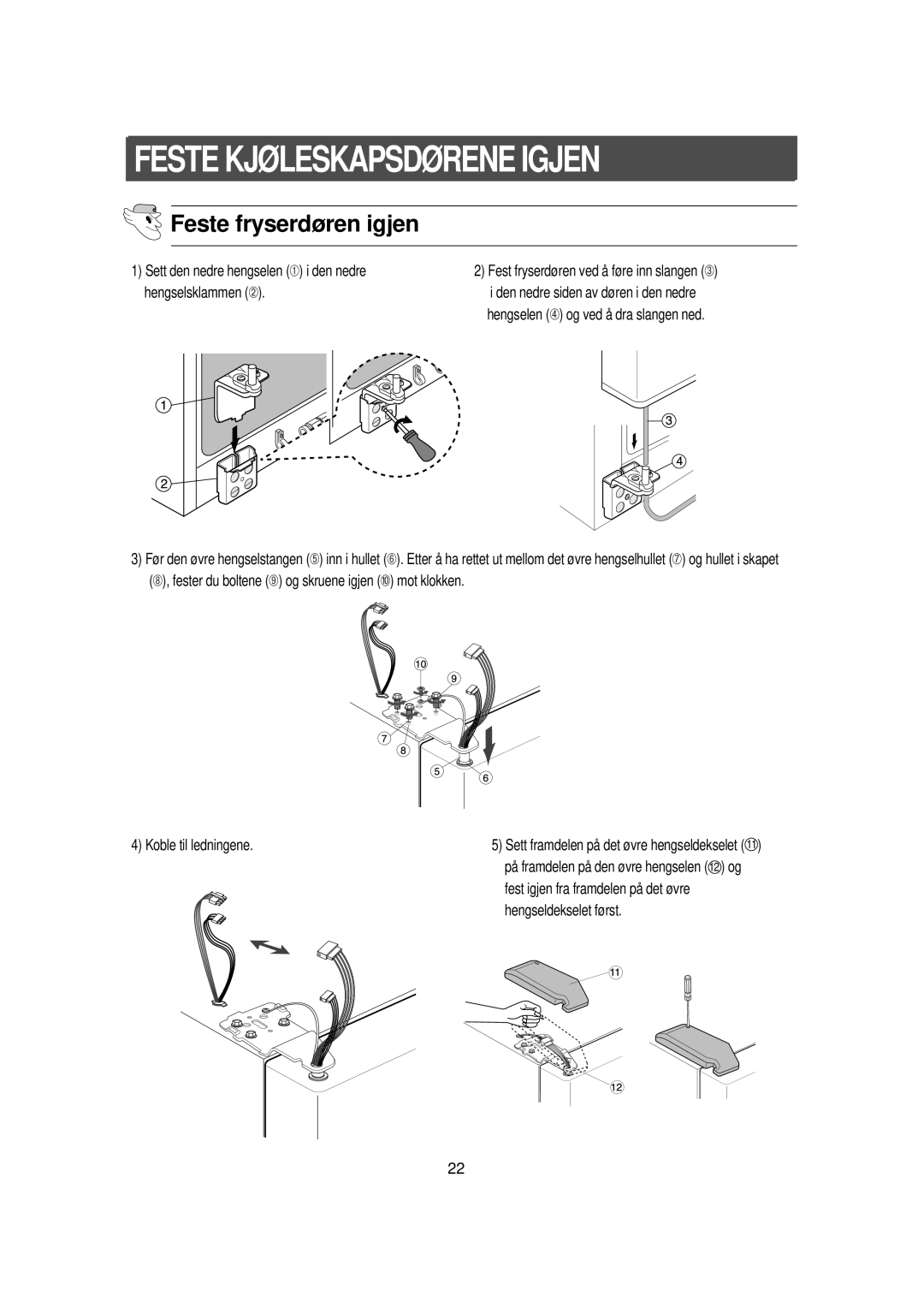 Samsung RS21NDSV1/XEE manual Feste Kjøleskapsdørene Igjen, Feste fryserdøren igjen, Fest igjen fra framdelen på det ø vre 