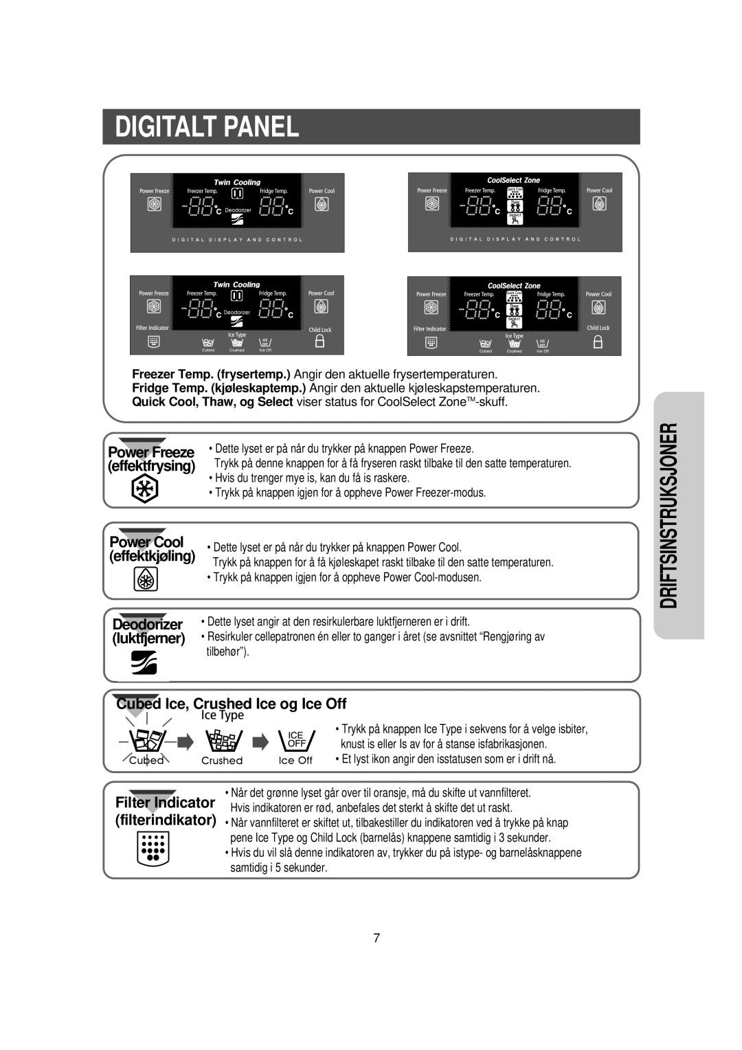 Samsung RS21DDMS1/XEE, RS21KLSR1/XEE, RS21KCSV1/XEE Digitalt Panel, Et lyst ikon angir den isstatusen som er i drift nå 