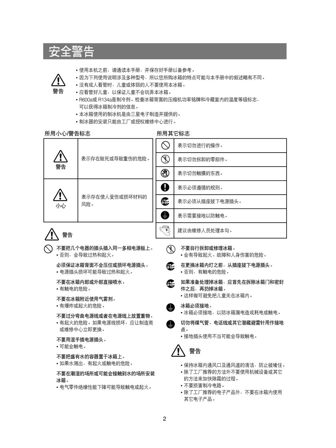 Samsung RS21KPSV1/XEU, RS21KPSM1/XEG, RS21FCSM1/XEG, RS21DCSW1/XEH, RS21KLMR1/XEH, RS21KPMS1/XEH manual 安全警告, 所用小心/警告标志 所用其它标志 