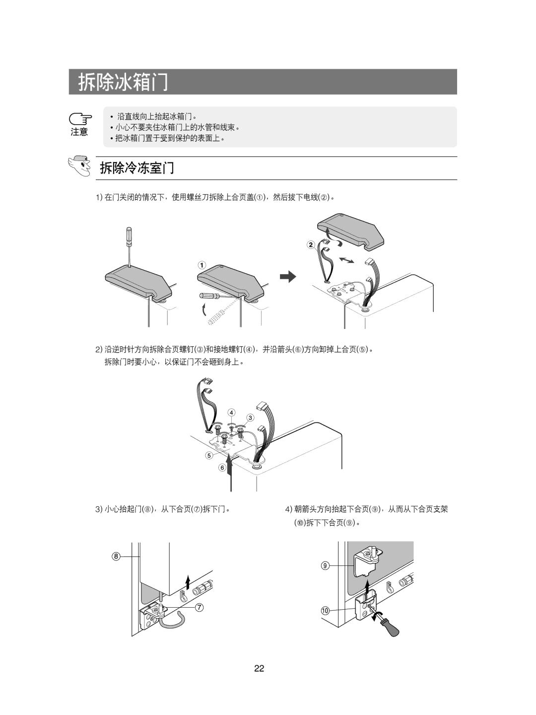 Samsung RS21KPMS1/XEH, RS21KPSM1/XEG, RS21FCSM1/XEG, RS21KPSV1/XEU, RS21DCSW1/XEH, RS21KLMR1/XEH, RS21KLSR1/XEH 拆除冰箱门, 拆除冷冻室门 