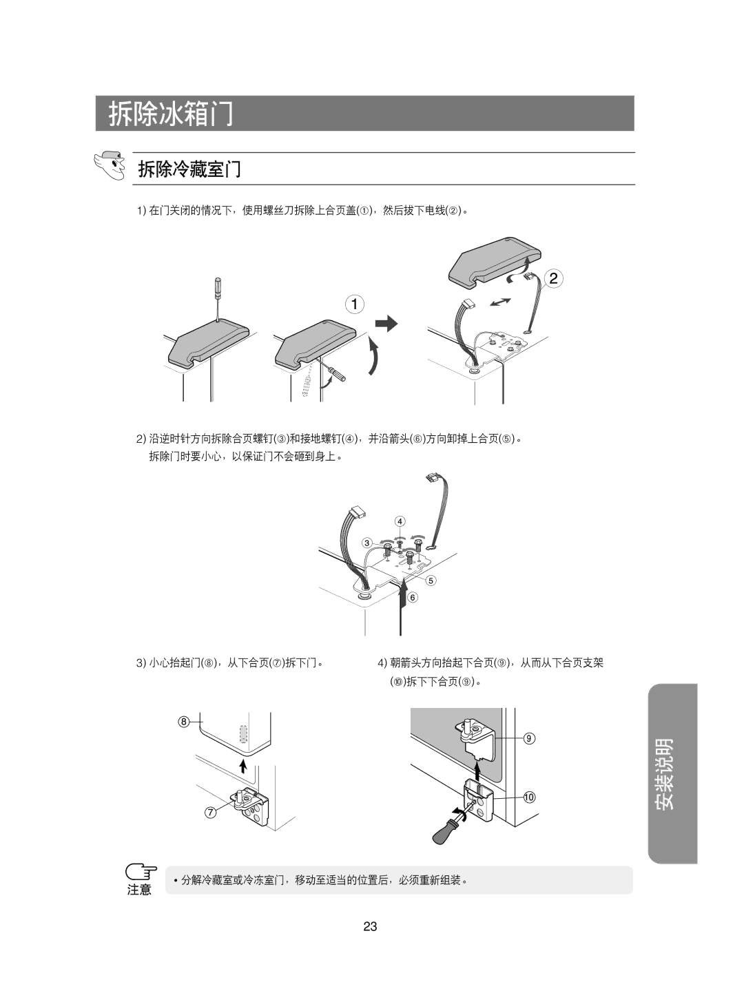 Samsung RS21KLSR1/XEH, RS21KPSM1/XEG, RS21FCSM1/XEG, RS21KPSV1/XEU, RS21DCSW1/XEH, RS21KLMR1/XEH, RS21KPMS1/XEH manual 拆除冷藏室门 