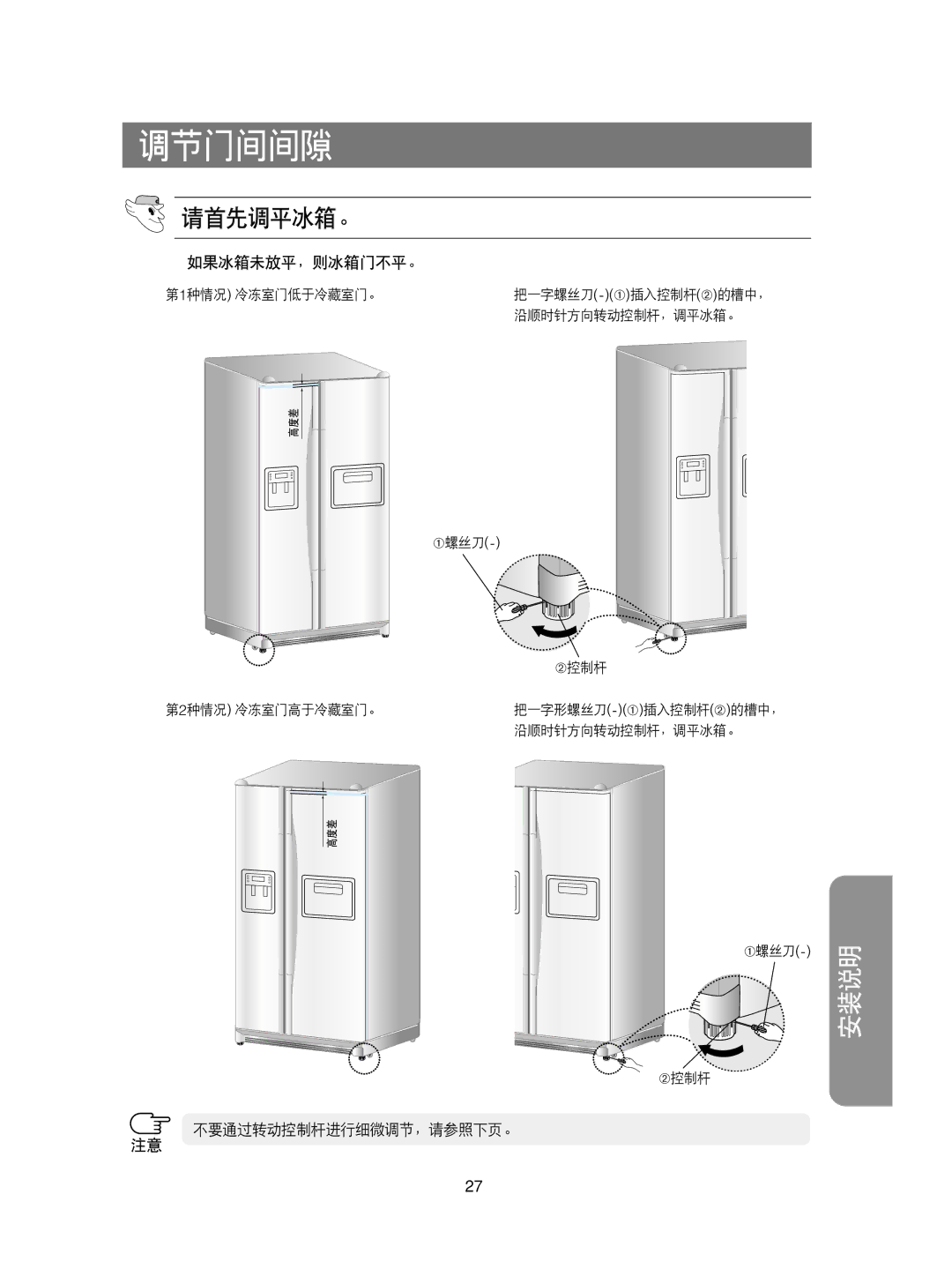 Samsung RS21KPSM1/XAG, RS21KPSM1/XEG, RS21FCSM1/XEG, RS21KPSV1/XEU, RS21DCSW1/XEH, RS21KLMR1/XEH manual 调节门间间隙, 请首先调平冰箱。 