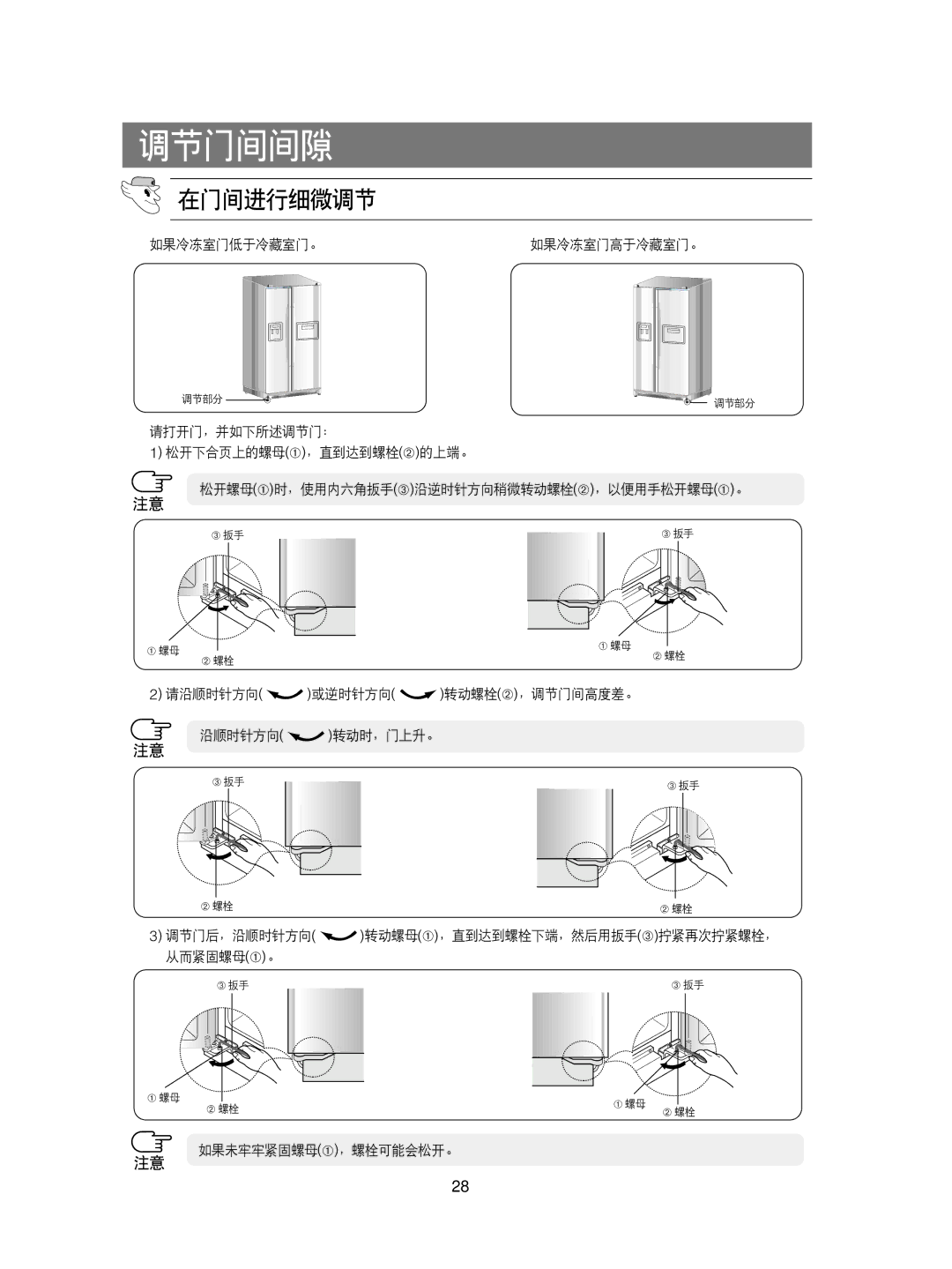 Samsung RS21DCMS1/XEN, RS21KPSM1/XEG, RS21FCSM1/XEG, RS21KPSV1/XEU, RS21DCSW1/XEH, RS21KLMR1/XEH, RS21KPMS1/XEH manual 在门间进行细微调节 