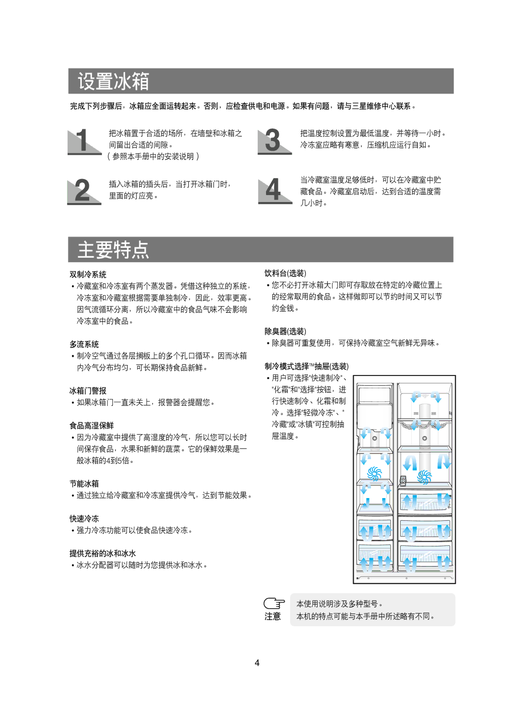 Samsung RS21KLMR1/XEH, RS21KPSM1/XEG, RS21FCSM1/XEG, RS21KPSV1/XEU, RS21DCSW1/XEH, RS21KPMS1/XEH, RS21KLSR1/XEH manual 设置冰箱, 主要特点 