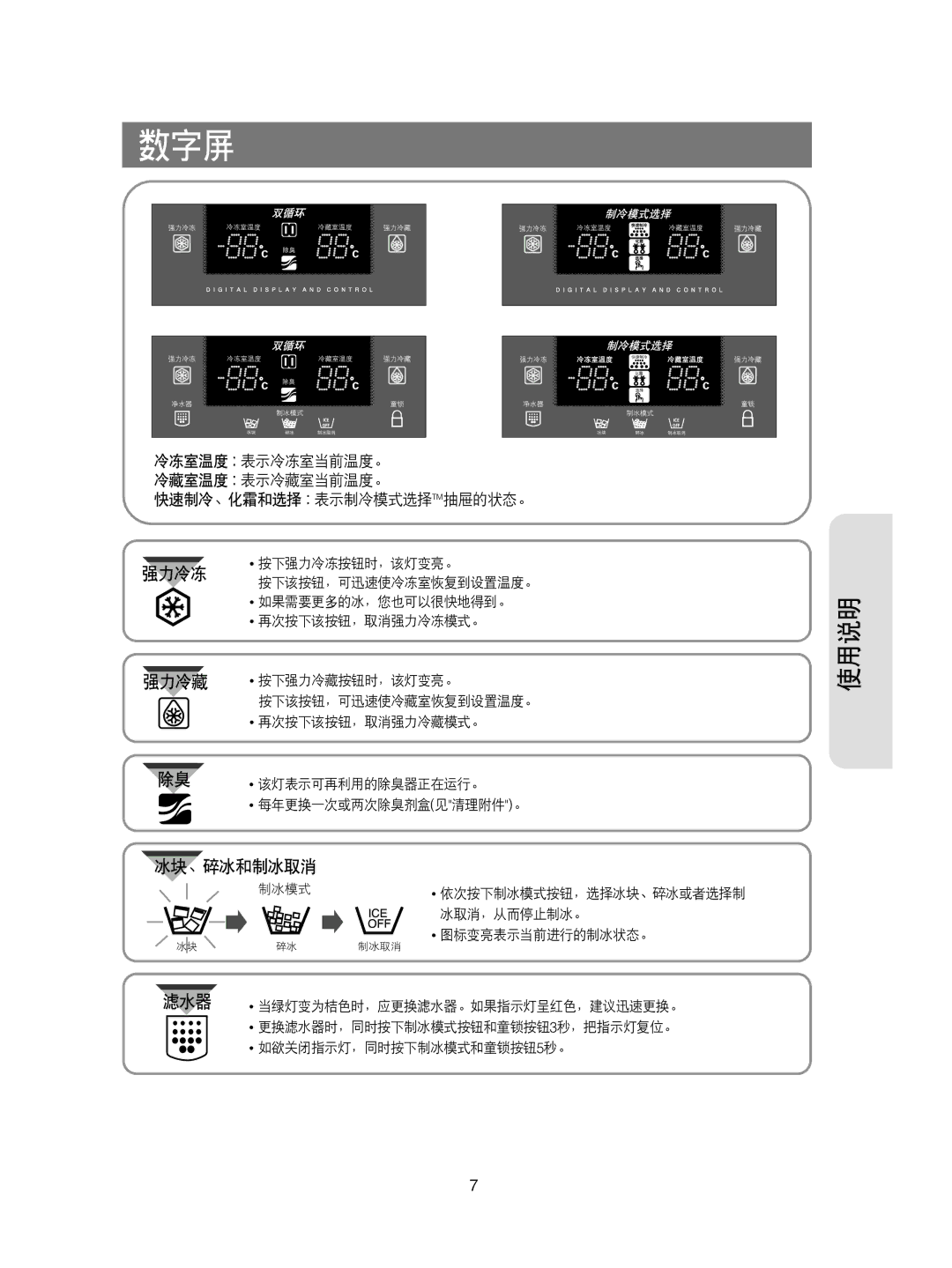 Samsung RS21DCMS1/XEH, RS21KPSM1/XEG, RS21FCSM1/XEG, RS21KPSV1/XEU, RS21DCSW1/XEH, RS21KLMR1/XEH, RS21KPMS1/XEH manual 数字屏, 强力冷藏 