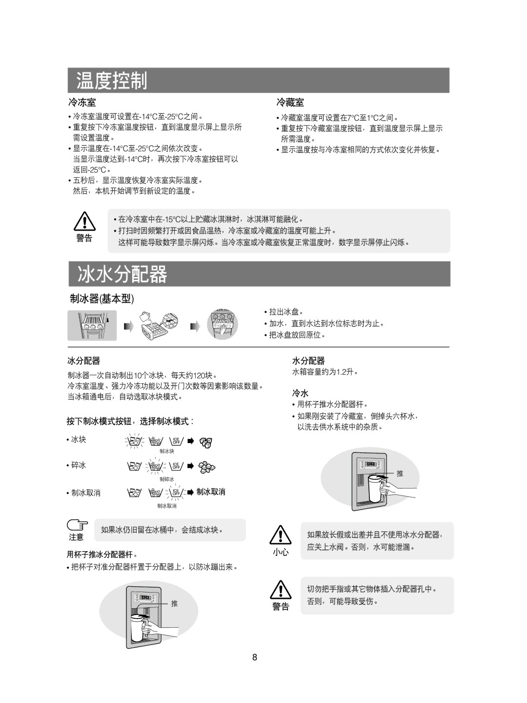 Samsung RS21KDMS1/XEE, RS21KPSM1/XEG, RS21FCSM1/XEG, RS21KPSV1/XEU, RS21DCSW1/XEH, RS21KLMR1/XEH, RS21KPMS1/XEH 温度控制, 冰水分配器 