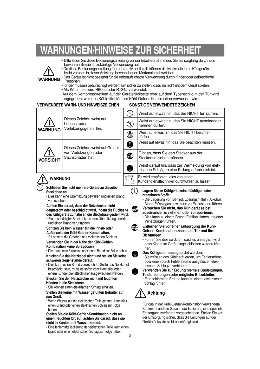 Samsung RS21DASM1/XEG, RS21KPSM1/XEG, RS21FPSM1/XEN, RS21DPSM1/SWS manual WARNUNGEN/HINWEISE ZUR Sicherheit 