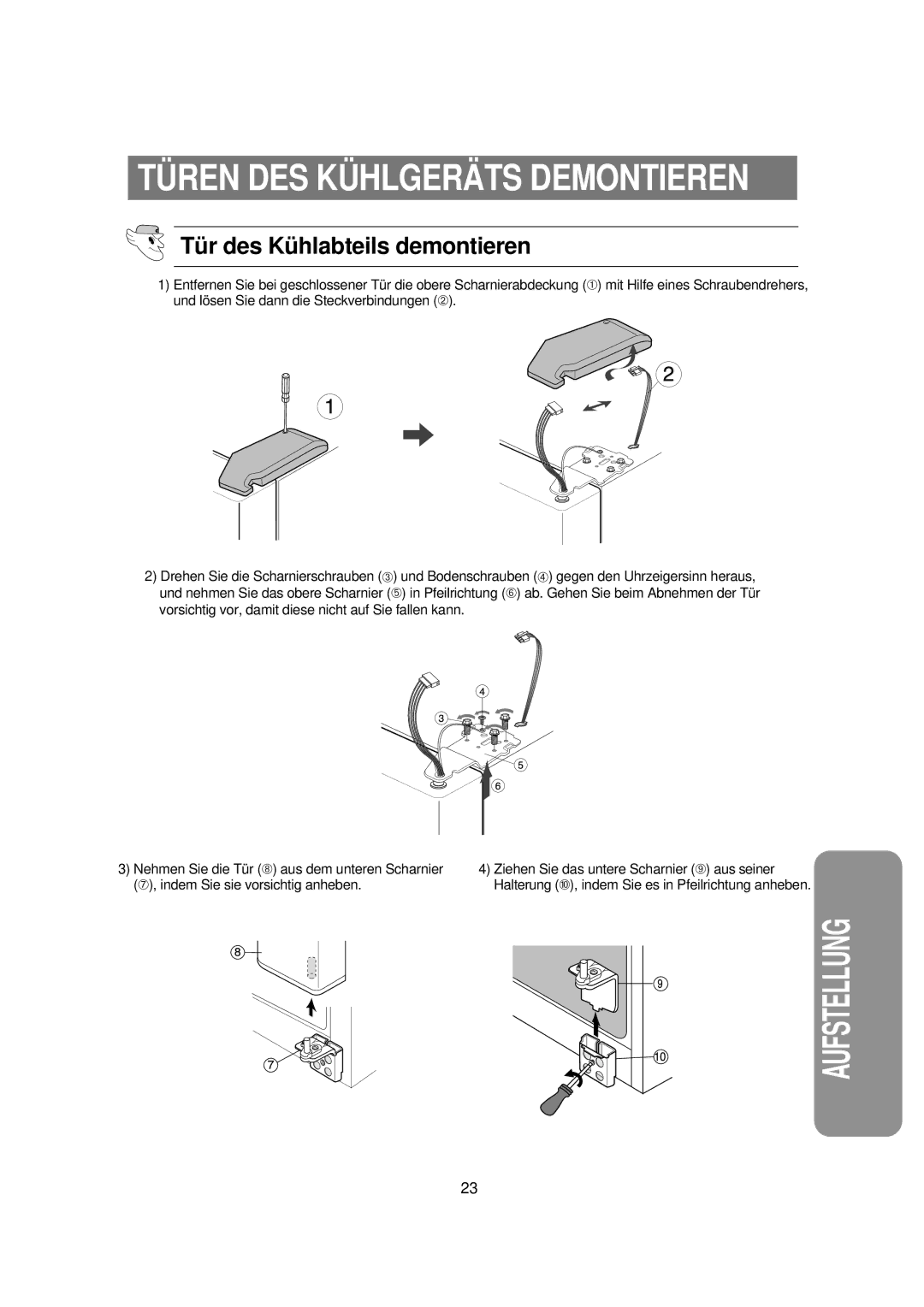 Samsung RS21DPSM1/SWS, RS21KPSM1/XEG, RS21FPSM1/XEN, RS21DASM1/XEG manual Tü r des Kü hlabteils demontieren 